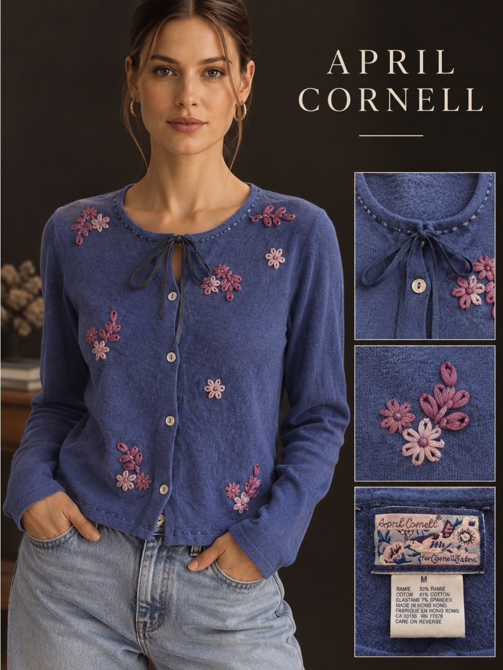 Vintage 90’s! APRILL CORNELL by CORNELL TRADING, the ribbons floral cardigan!